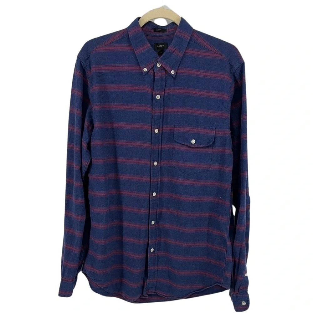 J Crew Mens Slim Fit‎ Cotton Button Down Shirt Navy Red Stripes Size Large